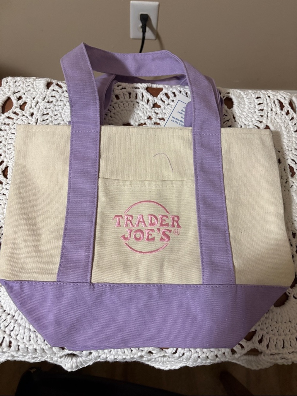 TRADER JOE'S MINI PASTEL CANVAS TOTE BAG Lavender & Cream NWT